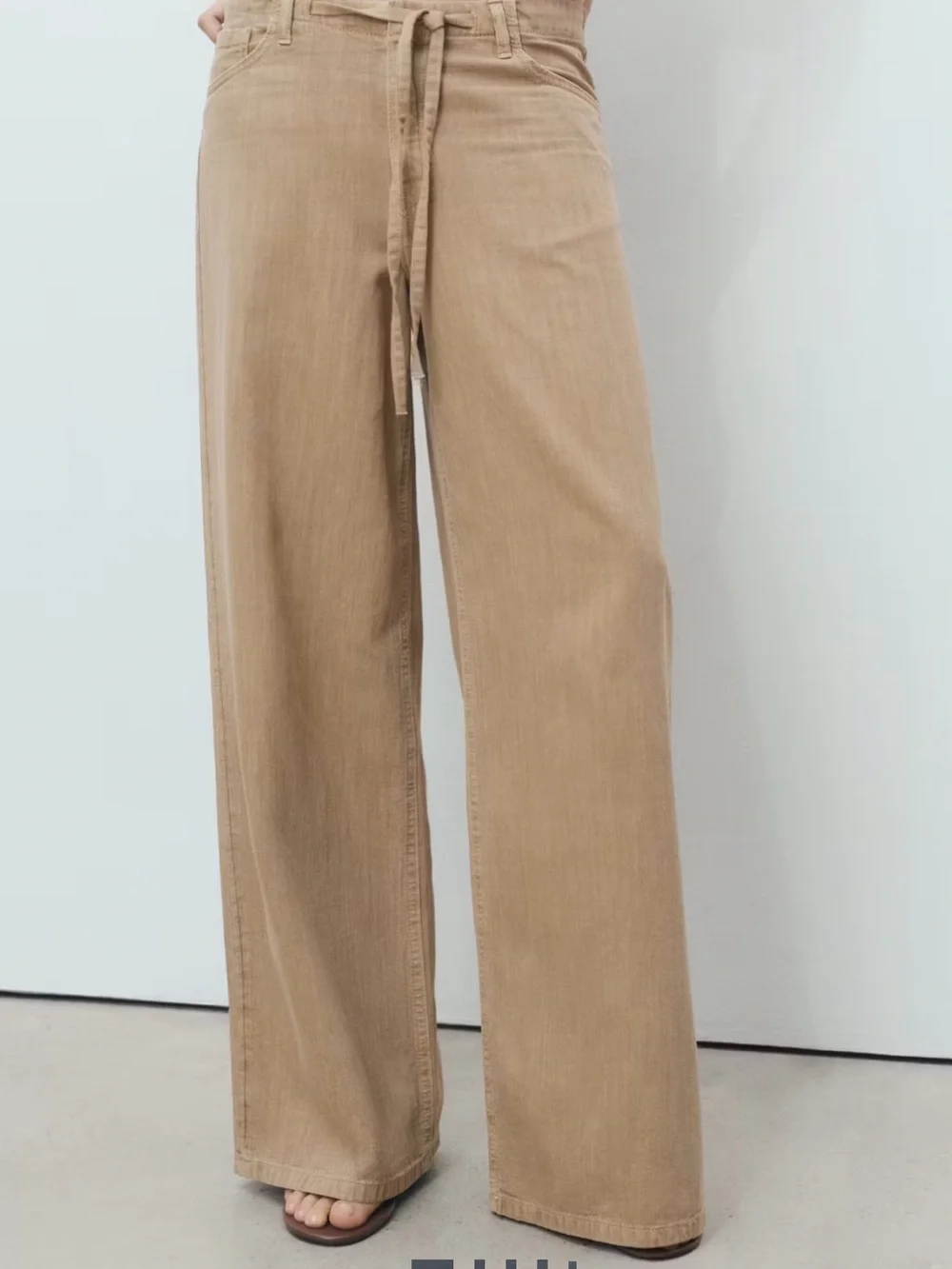Mango Wide-Leg Drawstring Pants in Tan